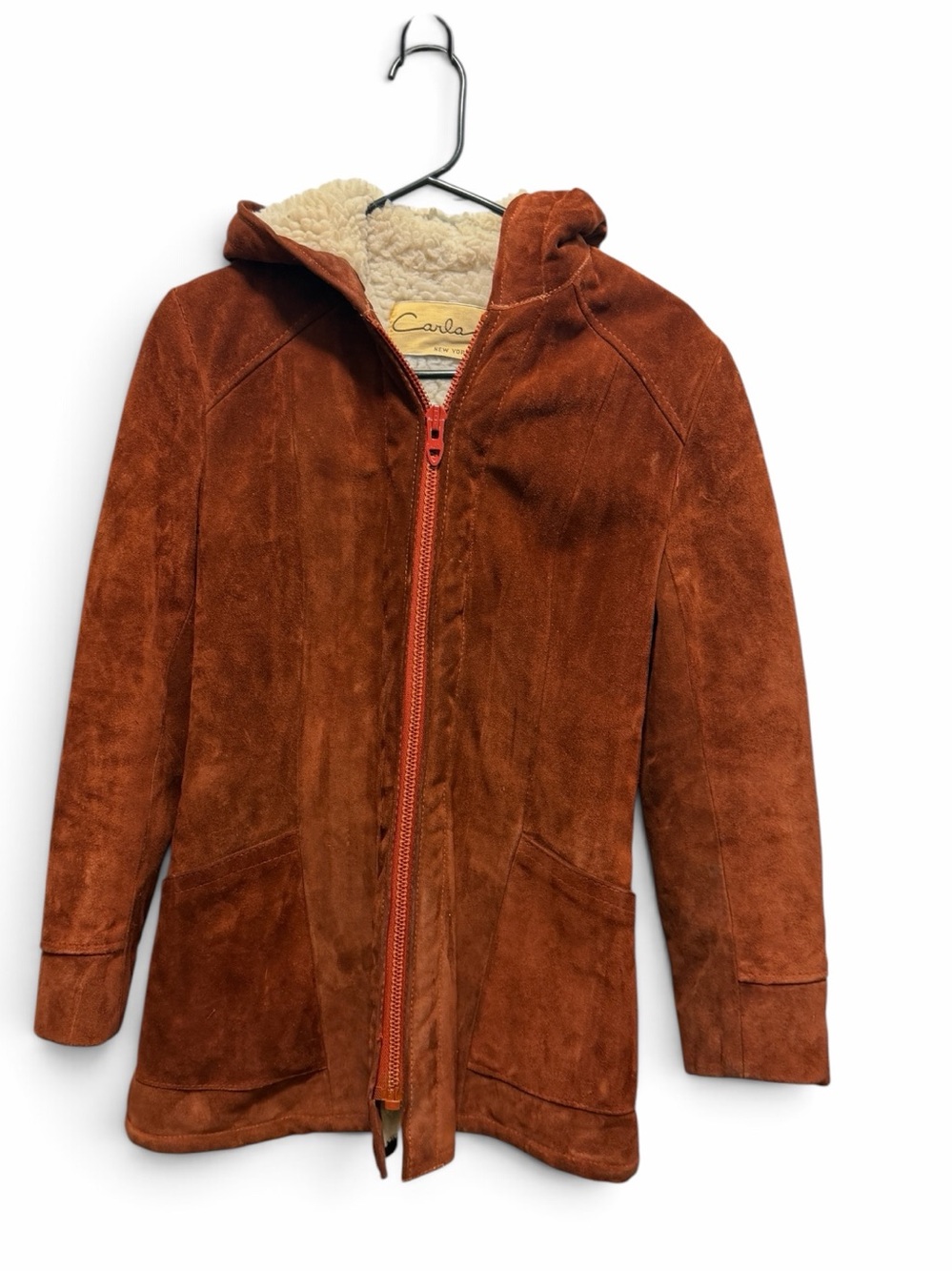 Vintage Carla New York Rust Sherpa Lined Suede Hooded Coat Retro 70's Size 5